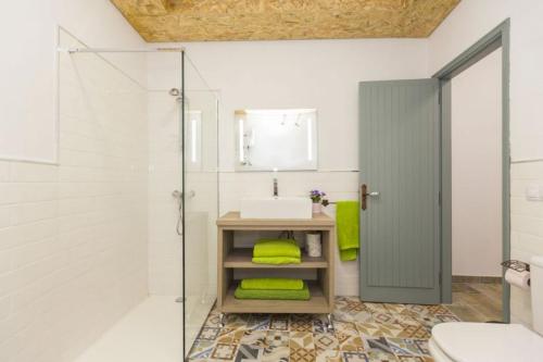 a bathroom with a sink and a glass shower at Casa Mica in Vega de San Mateo