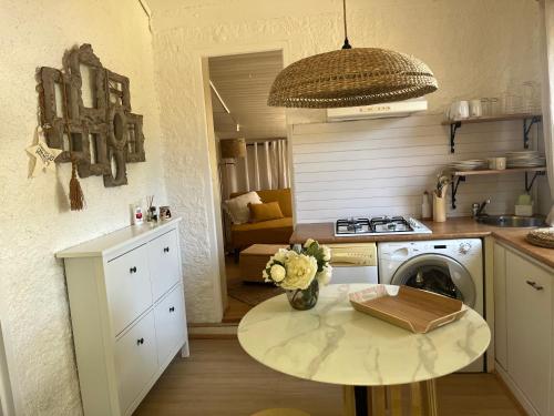 une cuisine avec une table, une cuisinière et un lave-linge dans l'établissement L’oléado, à Oletta