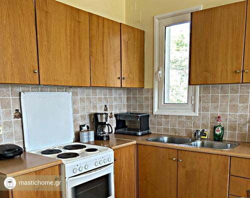 a kitchen with a white stove and a sink at Komi Serenity Home in Chios