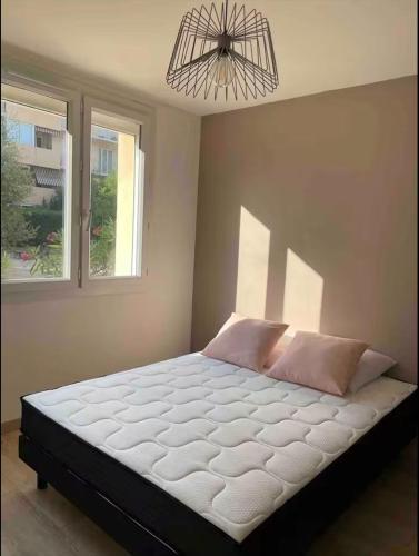 Cette chambre comprend un grand lit et 2 fenêtres. dans l'établissement Appartement cosy avec jardin, jacuzzi et tram à 2 min - Quartier calme, à Castelnau-le-Lez