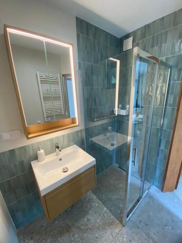a bathroom with a sink and a shower with a mirror at LAS i MORZE in Czarny Młyn