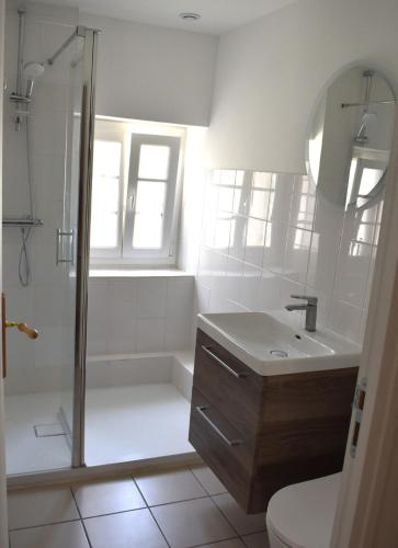 une salle de bain avec une douche, des toilettes et un lavabo dans l'établissement Charmante maison avec jardin et air conditionné au coeur d'un village historique !, à Verneuil-en-Bourbonnais