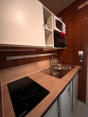 une petite cuisine avec un évier et un micro-ondes dans l'établissement Studio de la Marmotte - Aime 2000, à Aime La Plagne