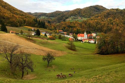 a group of animals grazing in a green field at Old House Knezovo With Lovely View - Happy Rentals in Sromlje