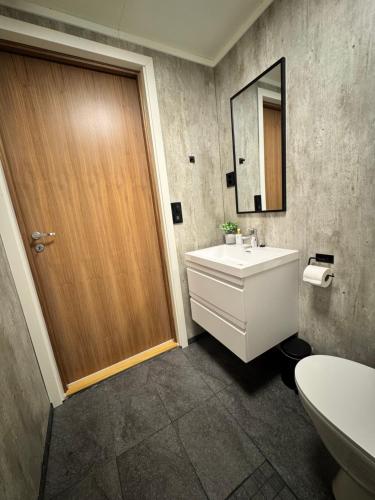 Un baño con lavabo y puerta de madera. en Ocean panorama, en Senja