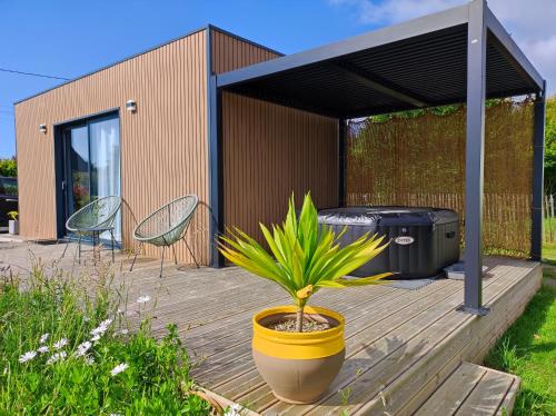 une plante en pot posée sur une terrasse en bois avec un gril dans l'établissement La Bulle Bigoudène, à Plobannalec-Lesconil