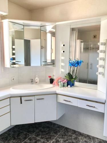 La salle de bains blanche est pourvue d'un lavabo et de miroirs. dans l'établissement Camille Homestay - Rennes centre - 10min gare et centre historique, à Rennes