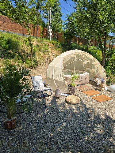a tent and a chair in a yard with plants at Moon Lake Bicaz - Casa Imero in Buhalniţa