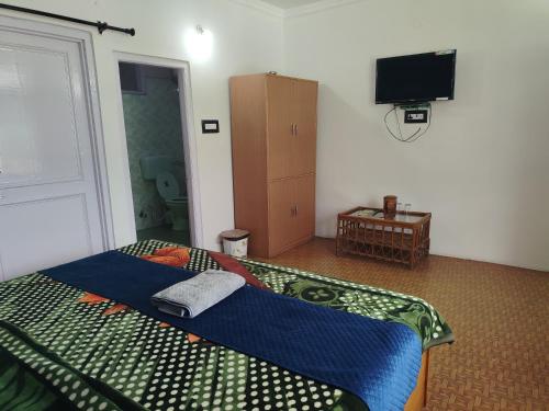 a bedroom with a bed and a flat screen tv at Check-in & Chill in Dharamshala