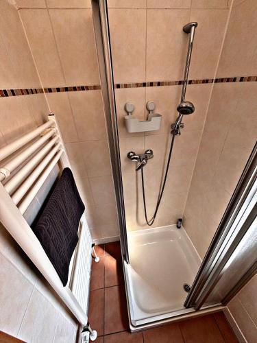 a bathroom with a shower and a bath tub at WümmeLoft - Das City Apartment in Rotenburg an der Wümme