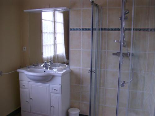 La salle de bains est pourvue d'un lavabo et d'une douche avec une porte en verre. dans l'établissement Les Ajoncs, à Mimizan