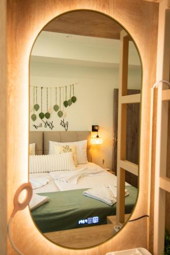 a bedroom with a bed and a mirror at Zoi Elegant Green Apartments in Filiatra
