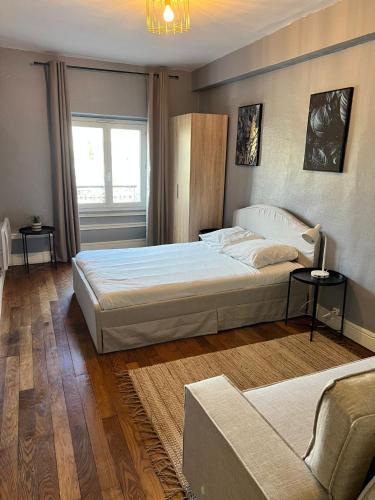 une chambre avec un grand lit et un canapé dans l'établissement Authentique T2 à Lyon Perrache, à Lyon