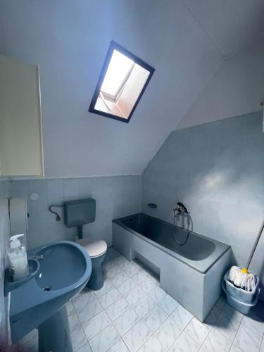 a bathroom with a tub and a toilet and a sink at Hutter Vendégház in Szántód