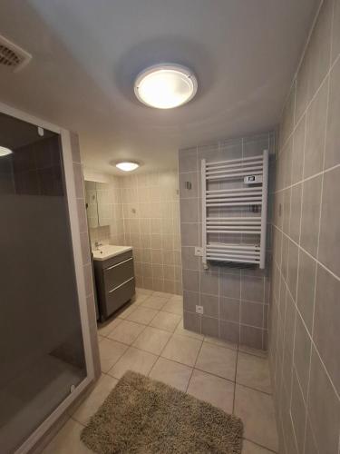 a bathroom with a shower and a sink and a mirror at Escapade à Éguzon Maison 3 chambres in Éguzon-Chantôme