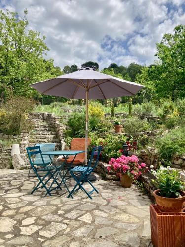 - une table et des chaises sous un parasol dans le jardin dans l'établissement Les oliviers, à Saignon