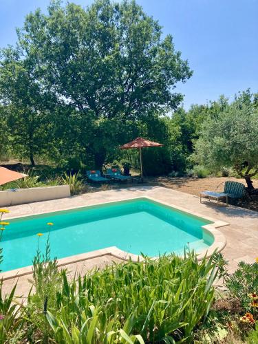 une piscine dans une cour avec un parasol dans l'établissement Les oliviers, à Saignon