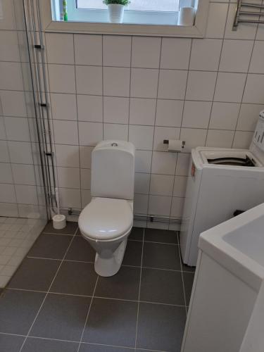 a bathroom with a white toilet and a sink at Centrum apartment Lindvallen in Sälen