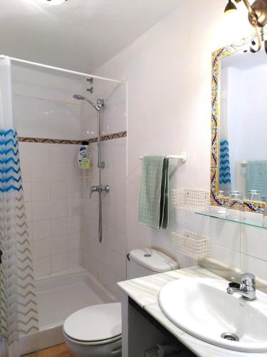 a bathroom with a toilet and a sink and a shower at Baraka Boutique Pensión in Ronda