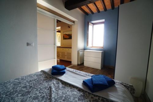 a bedroom with a bed with blue pillows on it at Catignano A6 - Modern unit, scenic Volterra hills in Mazzolla
