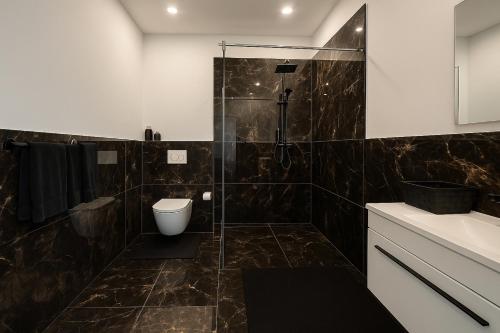 une salle de bains avec douche, toilettes et lavabo dans l'établissement Werre Apartments mit Smart-TV - stilvol, zentral & wohnlich, à Löhne