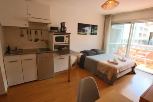 une cuisine et une chambre avec un lit dans une pièce dans l'établissement Studio 25 m2 Vendôme au cœur d'Aix-Les-Bains, balcon, à Aix-les-Bains