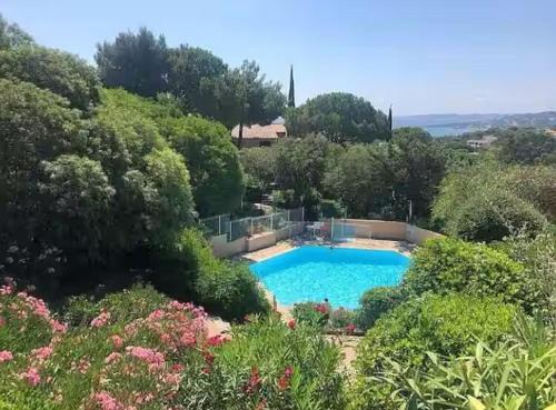 - une piscine entourée d'arbres et de fleurs dans l'établissement Lovely studio with sea view, à Sainte-Maxime