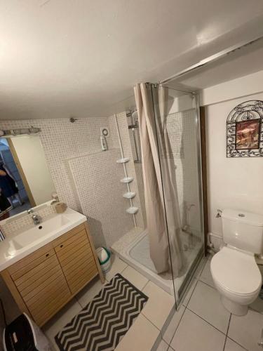 une salle de bain avec une douche, des toilettes et un lavabo dans l'établissement Maison pour vacances en famille, à La Seyne-sur-Mer