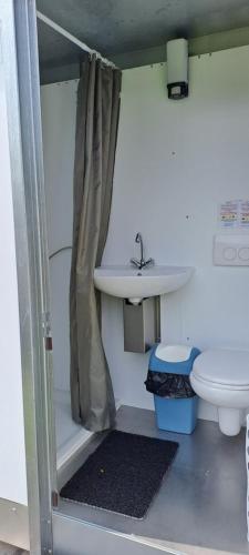 a bathroom with a sink and a toilet at Romala's Mini Glamp in Kiel