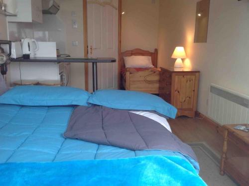 a bedroom with a bed with blue pillows and a table at The Wee Housie, Talmine in Talmine