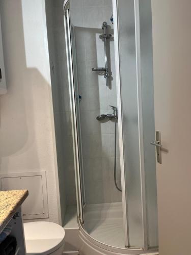 une cabine de douche dans une salle de bain avec toilettes dans l'établissement Appt BORD DE MER MARSEILLAN PLAGE, à Marseillan