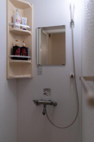 a shower in a bathroom with a sink and a mirror at 両国駅前 in Tokyo