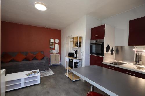 un salon avec un canapé et une cuisine dans l'établissement Studio cozy au coeur du village - Wifi - Netflix, à Monteux