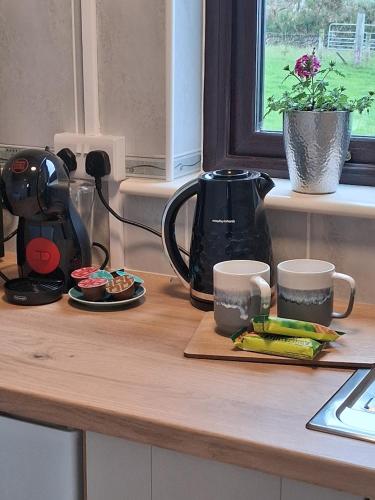 ディングルにあるDingle Viewの2つのコーヒーカップと野菜が置かれたキッチンカウンター