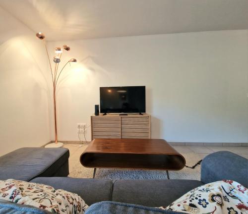 a living room with a couch and a tv at La perle de Dordogne in Le Bugue