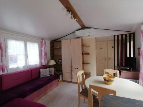 un salon avec un canapé et une table dans l'établissement MOBILHOME 40 m2 climatisé, domaine La Lande MIMIZAN, à Mimizan