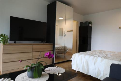 - une chambre avec une commode et une télévision dans l'établissement Magnifique studio emplacement premium, à Paris