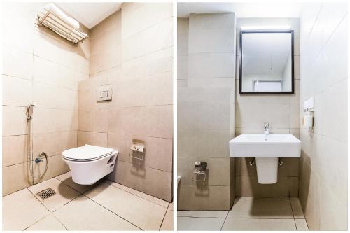 two pictures of a bathroom with a toilet and a sink at Super Townhouse Prithvi Resort Near Phoenix Palassio in Lucknow