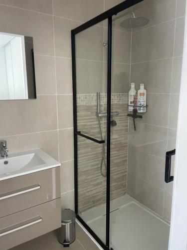 une douche avec une porte vitrée à côté d'un lavabo dans l'établissement Maison 2 chambres avec Piscine sans vis à vis, à Villedaigne