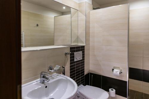 a bathroom with a sink and a toilet at Penzion Royal in Trenčín