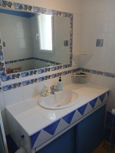 un baño con lavabo y espejo en Chez Rachel chambre et salle bain privative chez l'habitant, en Aléria