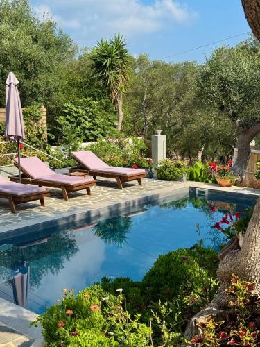 a swimming pool with two chairs and an umbrella at Suite Home Villa Paxos in Gaios