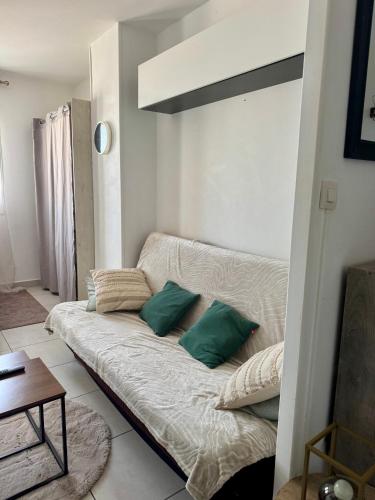 - un canapé dans le salon avec des oreillers verts dans l'établissement Pause a Mare Nostrum - Histoire de clés, au Cap d'Agde