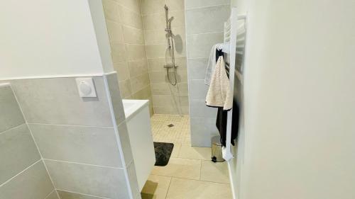 une salle de bain avec douche et douche à l'italienne dans l'établissement T2 climatisé proche Dune du Pilat, à La Teste-de-Buch