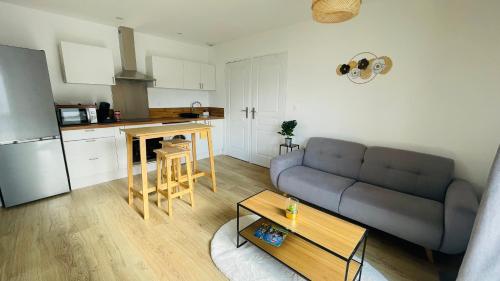 un salon avec un canapé et une cuisine dans l'établissement T2 climatisé proche Dune du Pilat, à La Teste-de-Buch