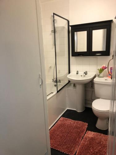 a bathroom with a toilet and a sink and a shower at Little apartment 20 min from central London in London