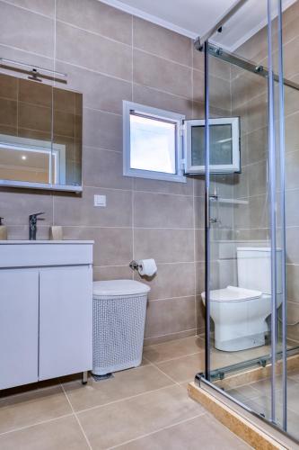 a bathroom with a toilet and a sink and a shower at Villa Angela in Ágios Matthaíos
