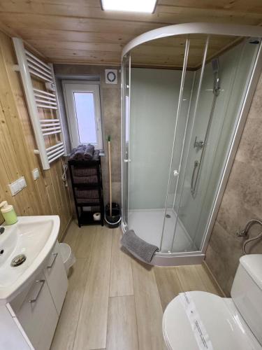 a bathroom with a shower and a sink at Perła in Stegna