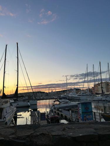 un groupe de bateaux amarrés dans une marina au coucher du soleil dans l'établissement Appartement 4 personnes secteur falaise avec parking, au Cap d'Agde