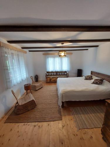 a large bedroom with a large bed and a window at Renovated traditional house - Rustic Escape in Şapartoc